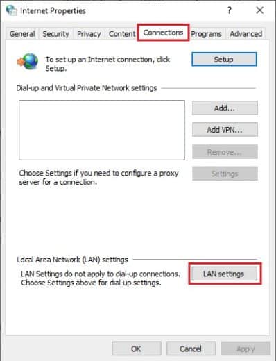 internet options connection tab lan settings