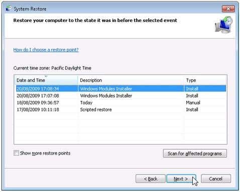 select date and time system restore
